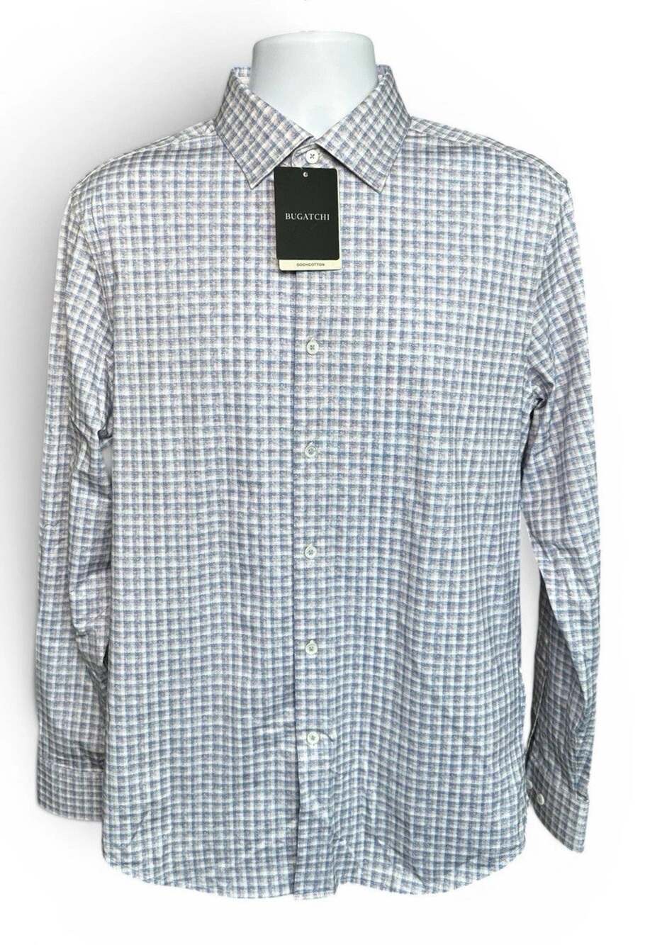 New Bugatchi LS Button Down Stretch Dusty Pink Blue White Gingham Shirt Medium